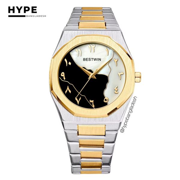 Arabic Dial Bestwin Stainless Steel Heavyweight Watch (Silver-Gold Chain)