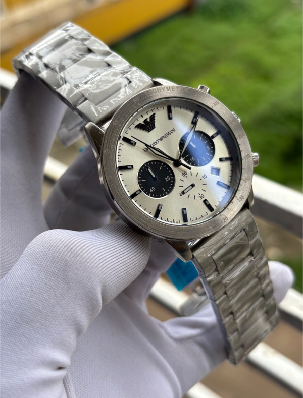 Armani Chronograph Chain Silver White Dial Black Sub
