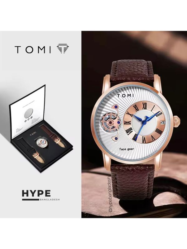 TOMI T-104 Face Gear Dual Strap Leather Belt Watch (White-Rosegold)