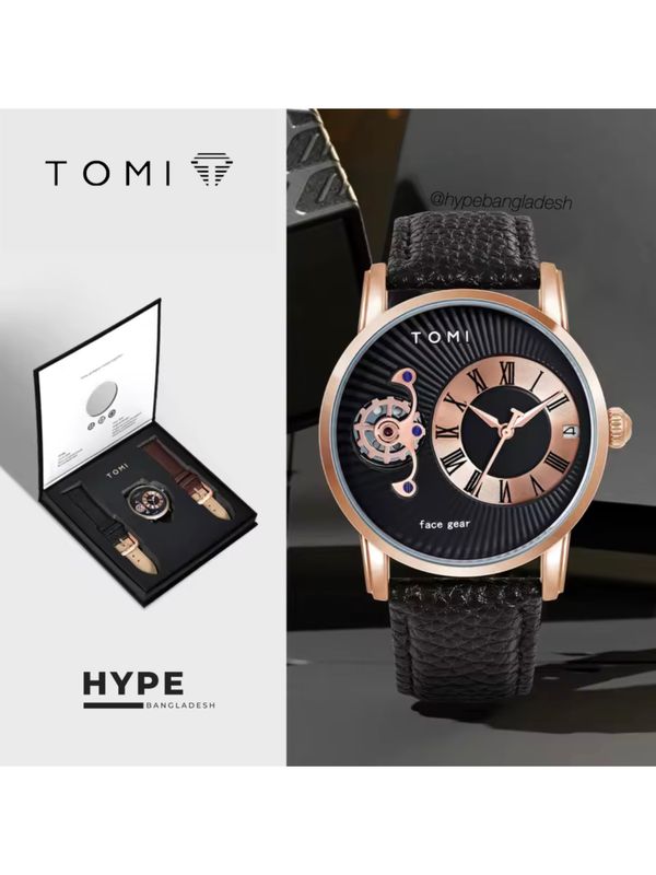 TOMI T-104 Face Gear Dual Strap Leather Belt Watch (Black-Rosegold)