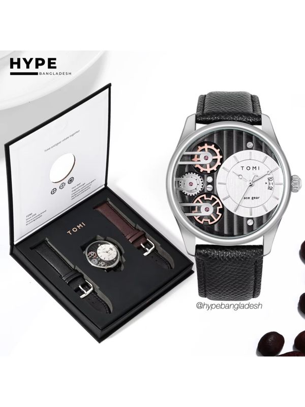 TOMI T-106 Face Gear Dual Strap Leather Belt Watch (White)