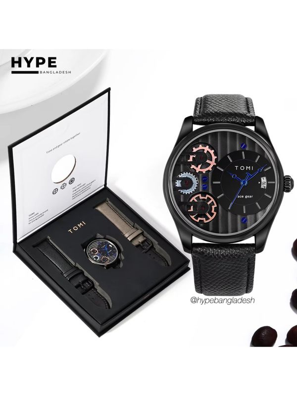 TOMI T-106 Face Gear Dual Strap Leather Belt Watch (Black)