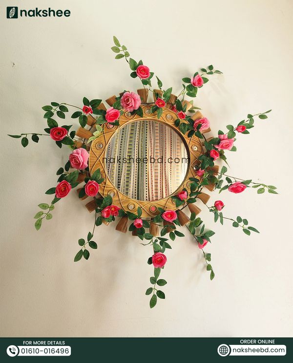 wooden mirror 23'' wooden wave + pink rose vine