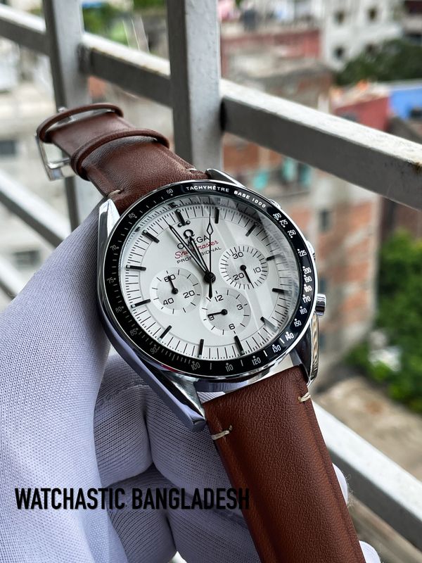 Omega Chrono Brown Belt Silver Body White Dial