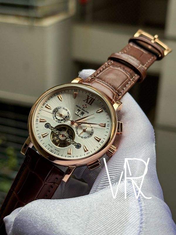 PATEK AUTO BROWN BELT ROSE GOLD CASE