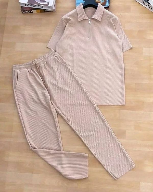 Premium Zipper Polo & Semi Baggy Trouser Beige
