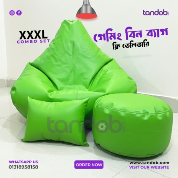 XXXL Gaming Bean Bag Chair, Leg rest & Cushion - Combo Set - Light Green Color