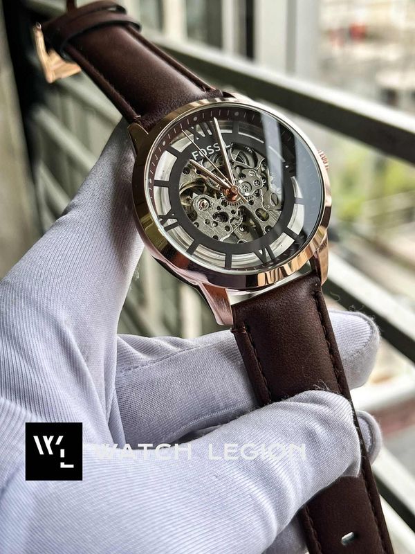 FOSSIL AUTO BROWN BELT ROSE GOLD CASE