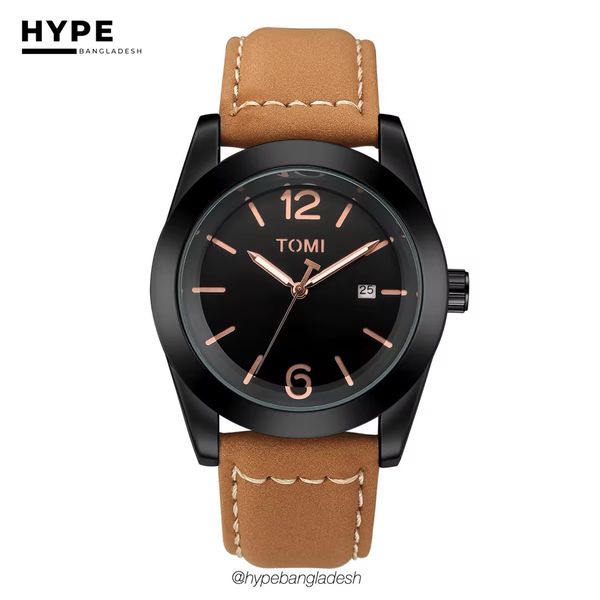 TOMI T-095 Leather Belt Quartz Watch With Date (Brown-Black)