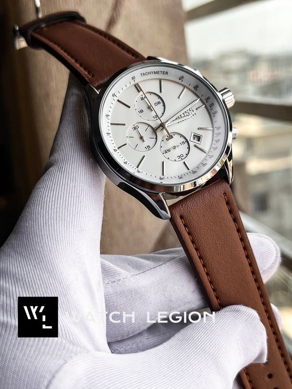 BOSS BELT THREE CHRONO MUSTARD BELT SILVER CASE WHITE DIAL V2