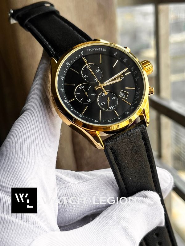 BOSS BELT THREE CHRONO BLACK BELT GOLDEN CASE BLACK DIAL V2