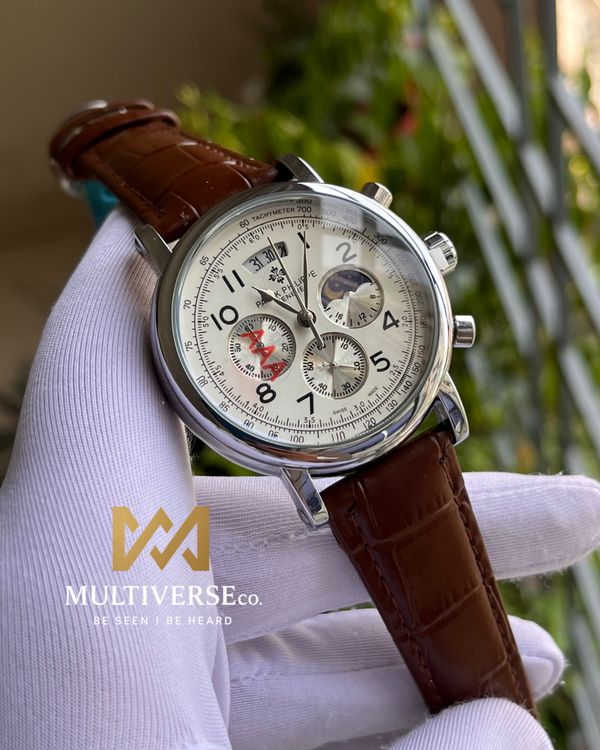 PP NUMERIC DIAL WHITE SILVER BROWN BELT (AA)