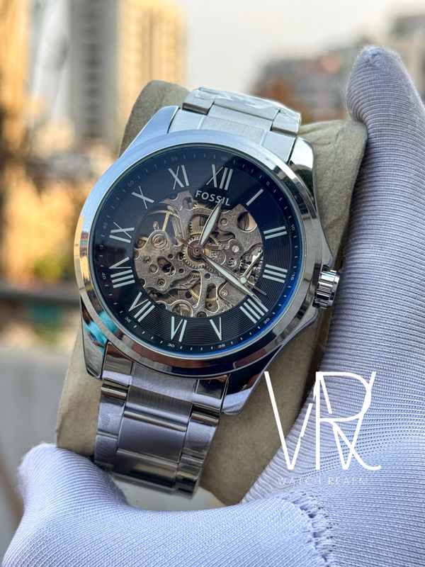 FOSSIL AUTO SILVER CHAIN BLACK DIAL