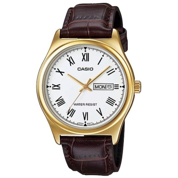 Casio MTP-V006GL-7B Men’s 42 mm Quartz Analog Watch – White Dial & Gold-Tone Genuine Brown Leather Belt