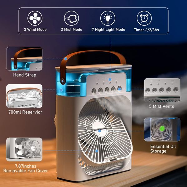 3 In 1 Air Cooling USB Fan with LED Night Light Water Fan