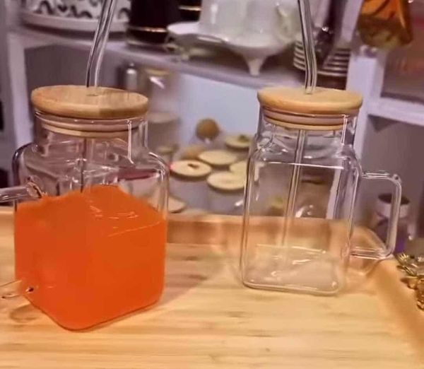 Transparent mug/glass with glasses straw and bamboo lid 500ml