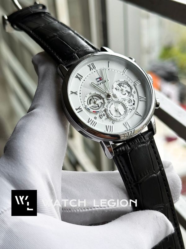 HILFIGER LEATHER BLACK BELT WHITE DIAL