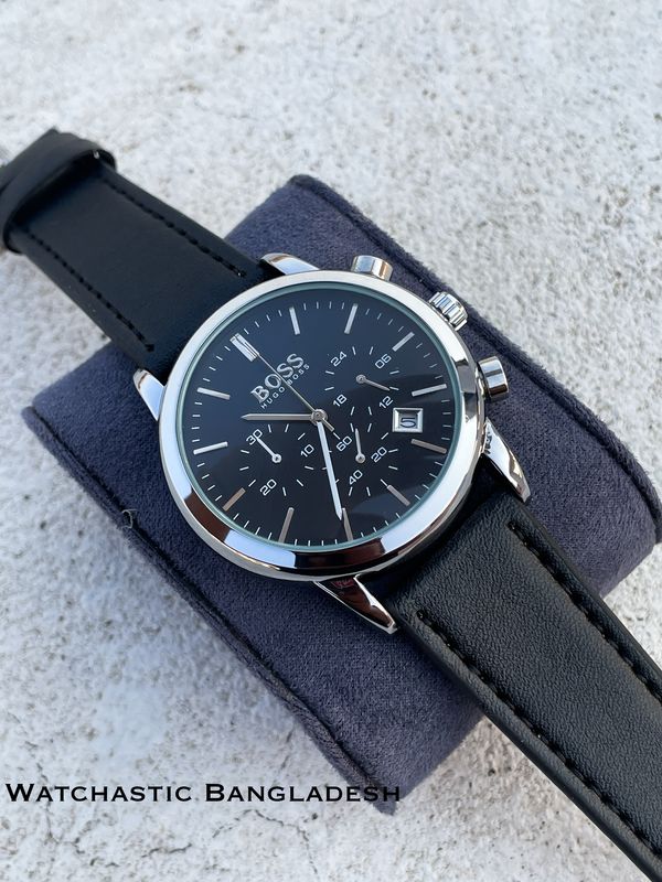 BOSS THREE CHRONO BLACK BELT SILVER CASE BLACK DIAL