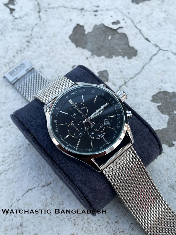 BOSS MESH CHAIN SILVER CASE BLACK DIAL