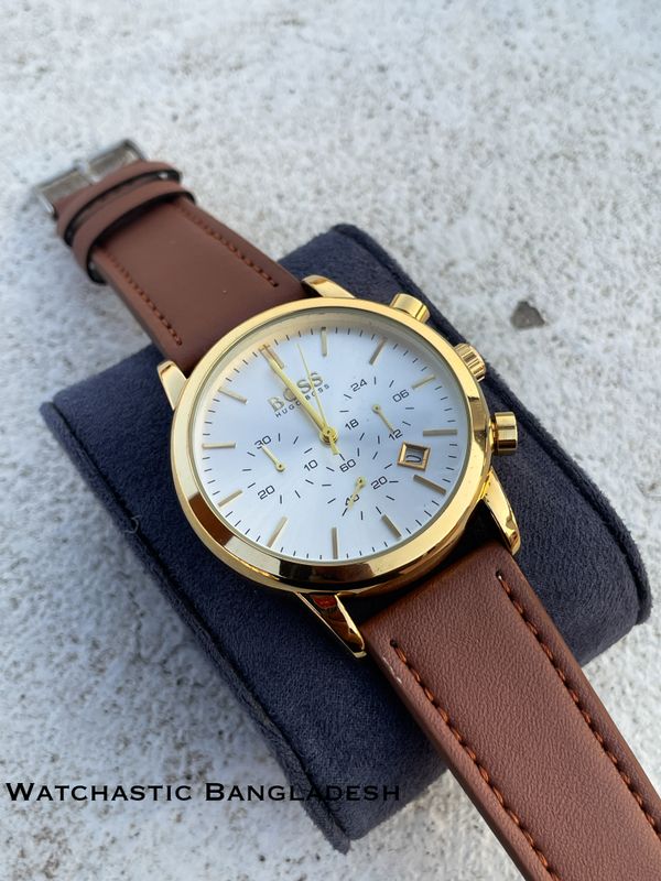 BOSS THREE CHRONO MUSTARD BELT GOLDEN CASE WHITE DIAL