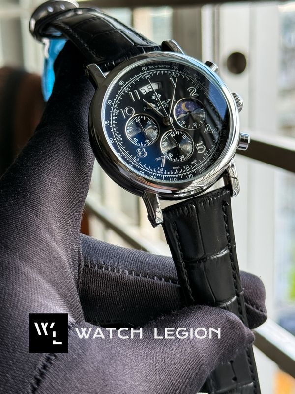 PATEK BLACK BELT SILVER CASE SIMPLE BLACK DIAL