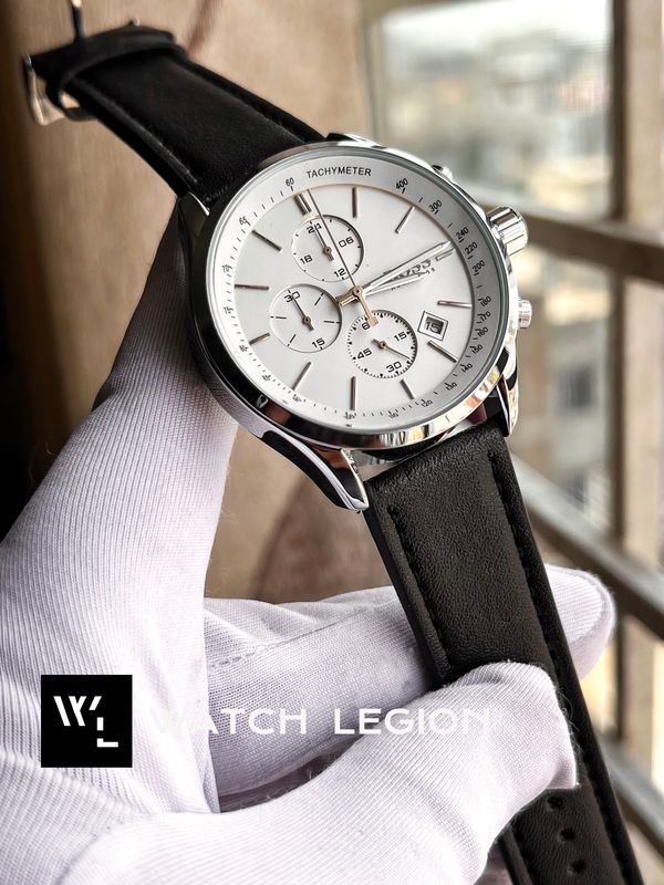 BOSS BELT THREE CHRONO BLACK BELT SILVER CASE WHITE DIAL V2