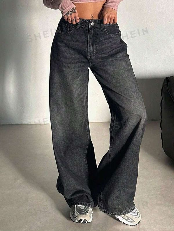 Black ash wide leg denim