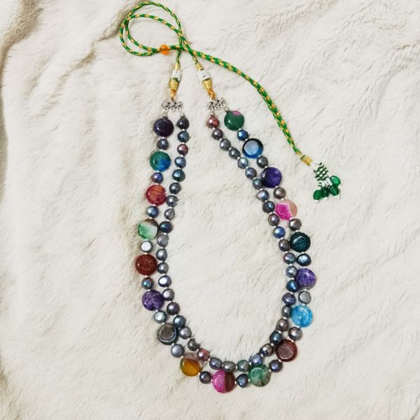 Pearl 2 Layer Necklace with Coin stone