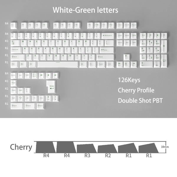 Green on White PBT Cherry Keycaps - 126 Keys