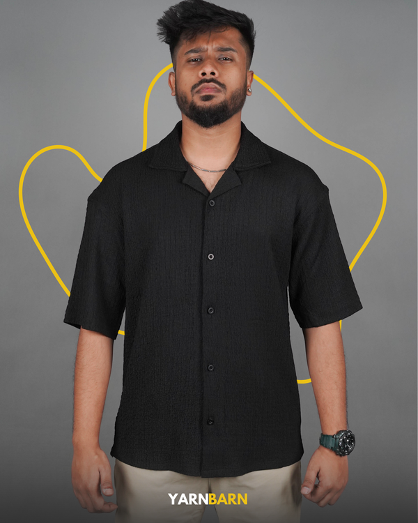Dropped Shoulder Obsidian Black Textured Cuban/Havana Shirt