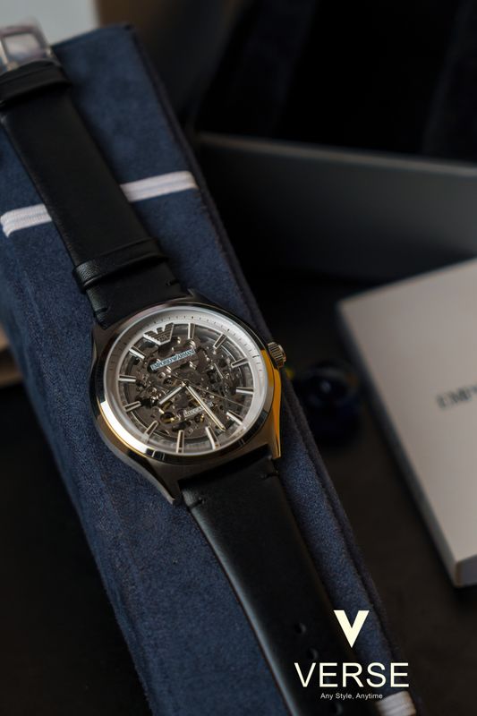 Emporio Armani Zeta Meccanico AR60003 Men’s Automatic Watch – 43 mm Silver & Black Leather
