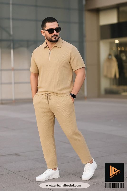 Beige Color Premium Zipper Polo & Semi Baggy Trouser