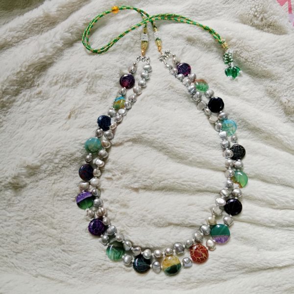 Ash colour Original Pearl and multi colour Stone 18 inch 2 layer necklace for women.