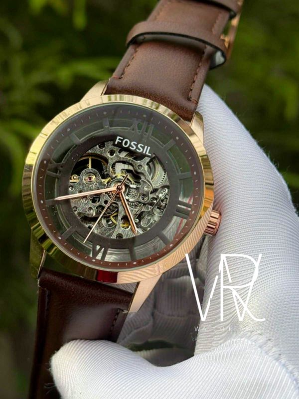FOSSIL AUTO BROWN BELT GOLD CASE BROWN DIAL