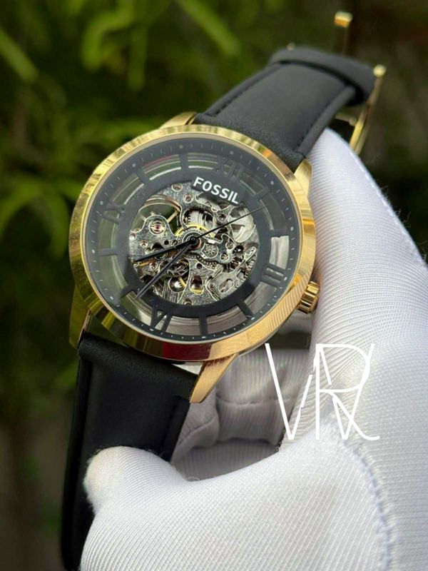 FOSSIL AUTO BLACK BELT GOLD CASE BROWN DIAL