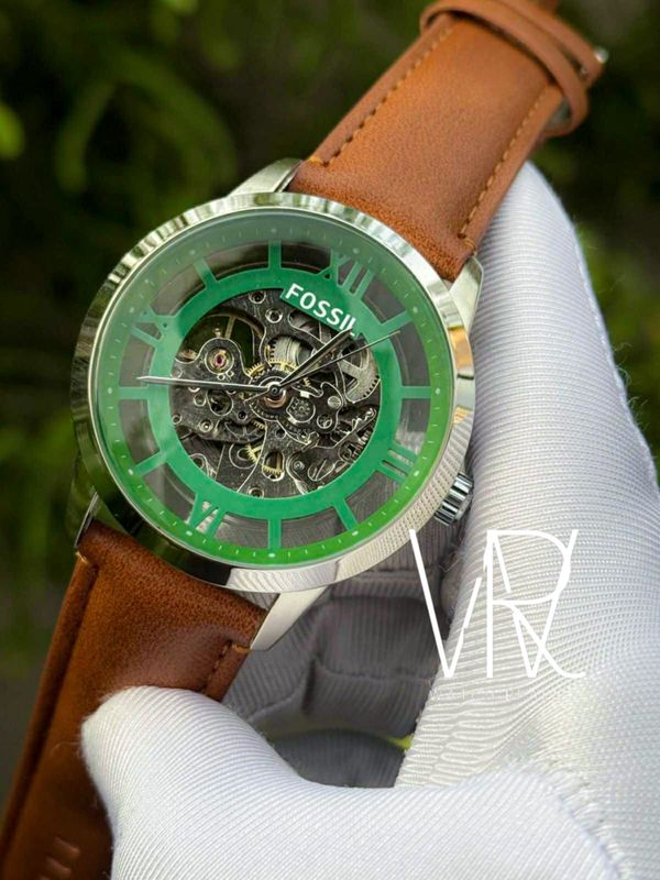 FOSSIL AUTO MUSTARD BELT SILVER CASE GREEN DIAL