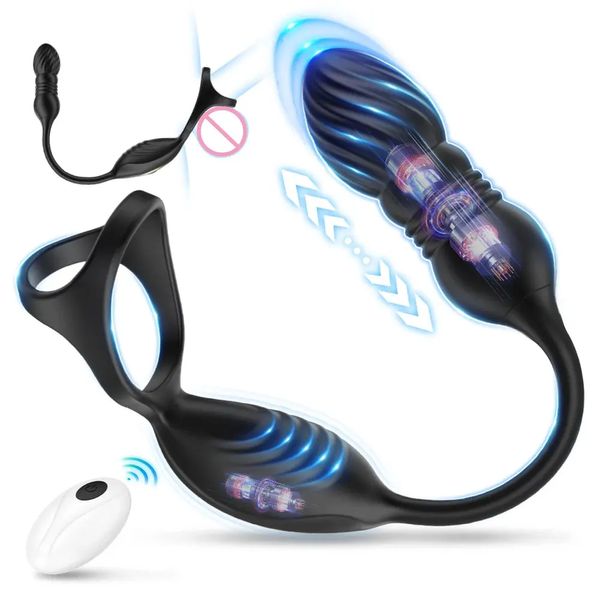 3 in 1 Prostate Massager Anal Vibrator 9 Vibrationg Thrusting with Cock Ring Butt Plug Remote Control Sex Toys P Sport Massage