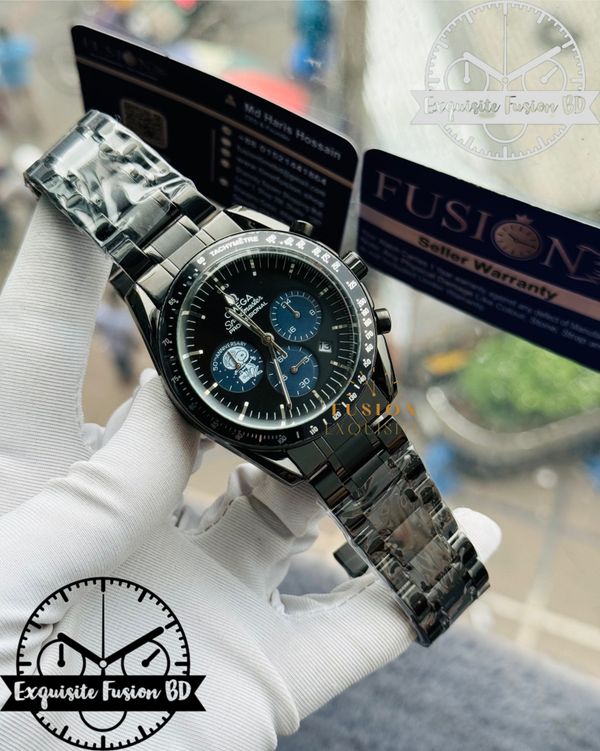 Omega Chronograph Full Black Blue Dial Quartz Watch (AA Grade)