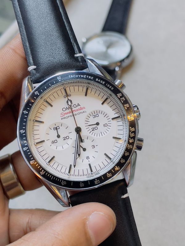 omega chronograph black belt silver case aa