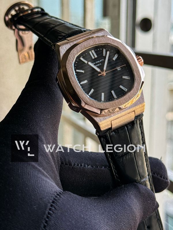 PATEK NAUTILUS QUARTZ ROSE GOLD CASE BLACK DIAL BLACK BELT