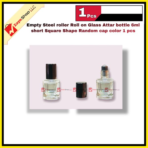 Empty Steel roller Roll on Glass Attar bottle 6ml sort Square Shape Random cap color 1 pcs
