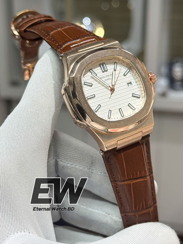 PATEK NAUTILUS RG CASE WHITE DIAL BROWN BELT