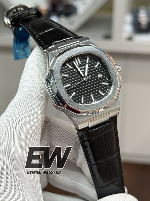 PATEK NAUTILUS BLACK DIAL BLACK BELT SILVER CASE