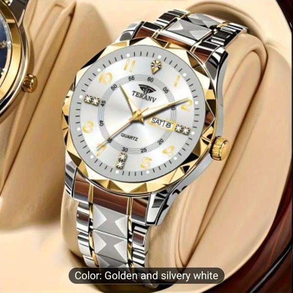 Fashion Men'S Quartz Watch Rhombus Numeral Dial Double Calendar Luminous Waterproof Steel Strap Watch Rhinestone Decorative Watch Business Watch Gift
