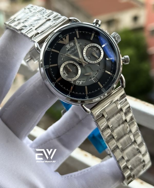 ARMANI OVAL GLASS BLUE DIAL SILVER CHAIN