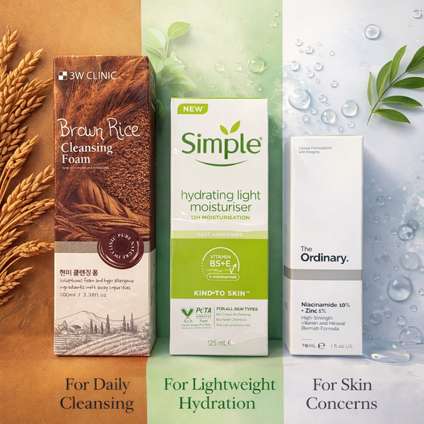 3W Clinic Brown Rice Foam + Simple Hydrating Light Moisturiser + The Ordinary Niacinamide 10% Combo – Free Delivery Offer