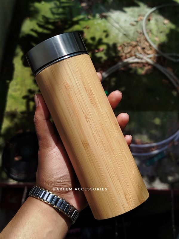 Natural Bamboo Stainless Steel Insulated Flask Water Bottle 500ml