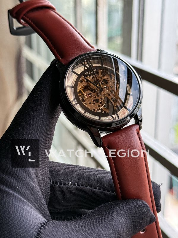 FOSSIL AUTO SKELETON LIGHT BROWN BELT BLACK CASE