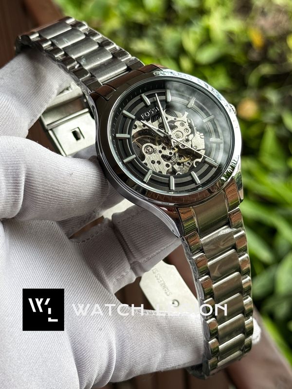 FOSSIL AUTO CHAIN FULL SILVER BLACK DIAL