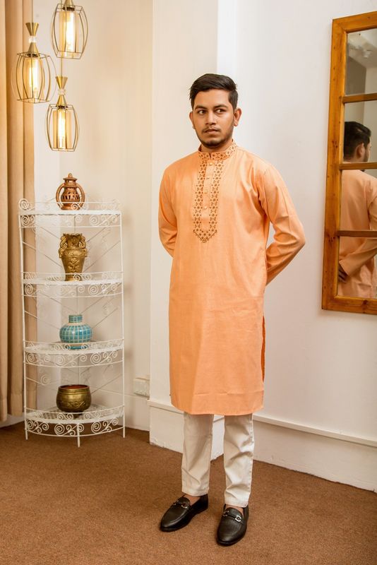 Men's Embroidery Panjabi - Peach